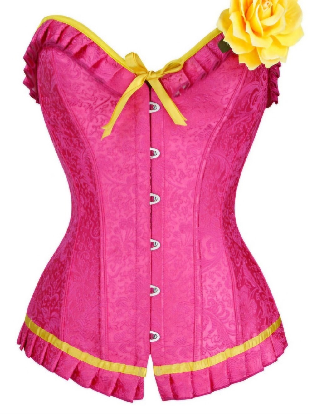 Pink Jacquard Corset with Yellow Trim - Women Intimates NO FLOWER